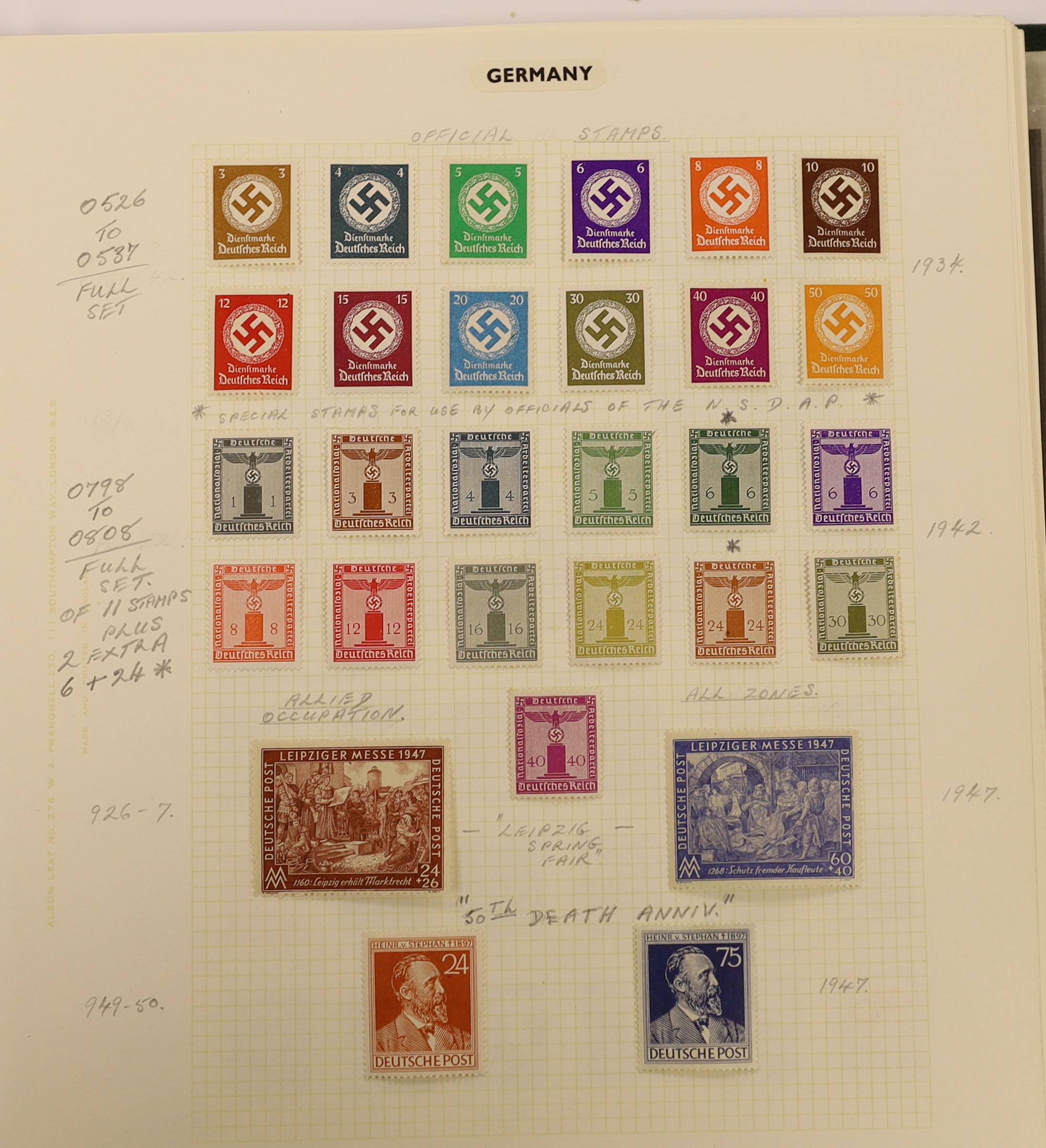 Various stamps including Rhodesia Admirals to £1, Trinidad and Tobago 1869 5/-, 1913 £1, 1921 1/2d to £1, 1921-22 set, 1904 set to £1, also a collection of Germany in an album